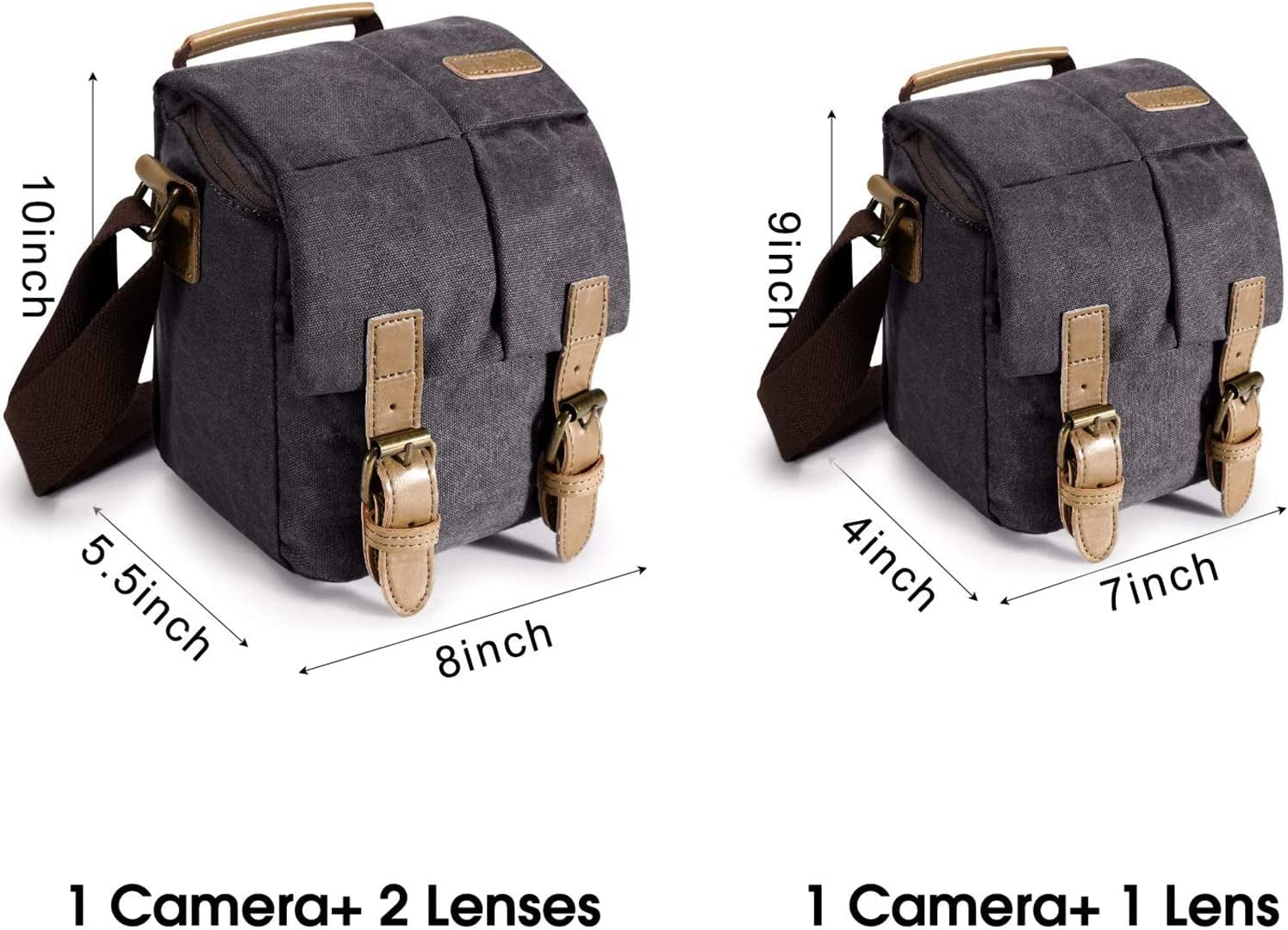 Waterproof DSLR Camera Bag for Canon - Vintage Canvas Shoulder Messenger Bag with Leather Trim (Grey)