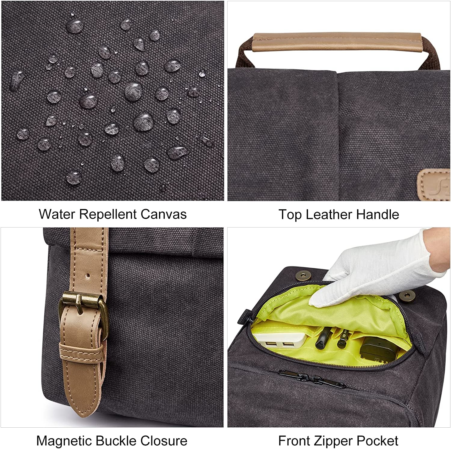 Waterproof DSLR Camera Bag for Canon - Vintage Canvas Shoulder Messenger Bag with Leather Trim (Grey)
