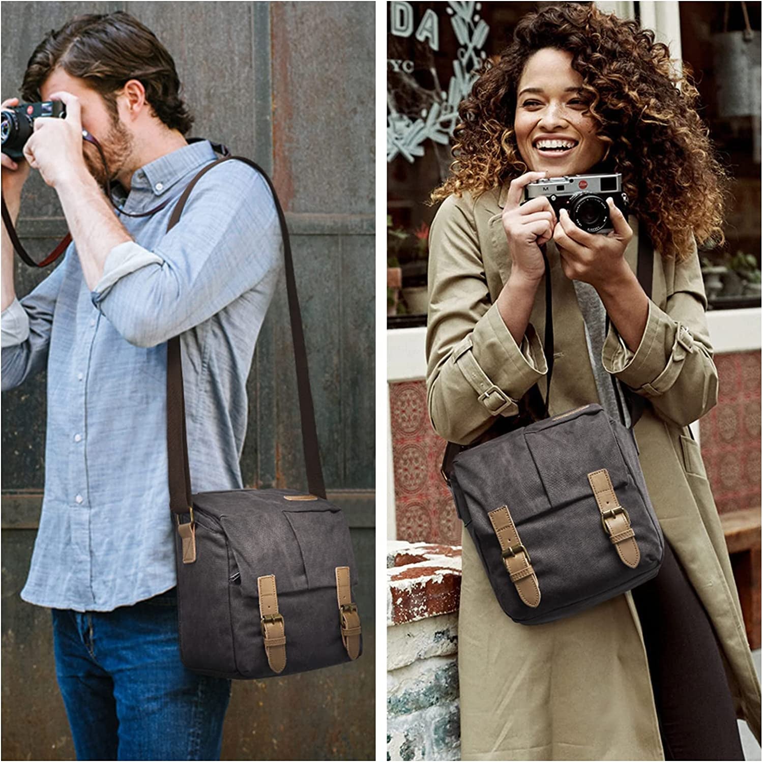 Waterproof DSLR Camera Bag for Canon - Vintage Canvas Shoulder Messenger Bag with Leather Trim (Grey)