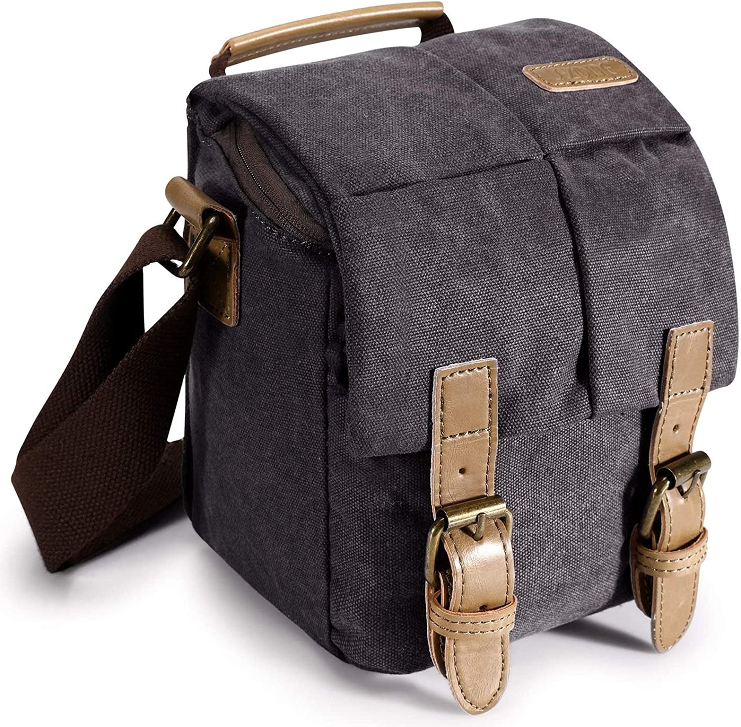Waterproof DSLR Camera Bag for Canon - Vintage Canvas Shoulder Messenger Bag with Leather Trim (Grey)